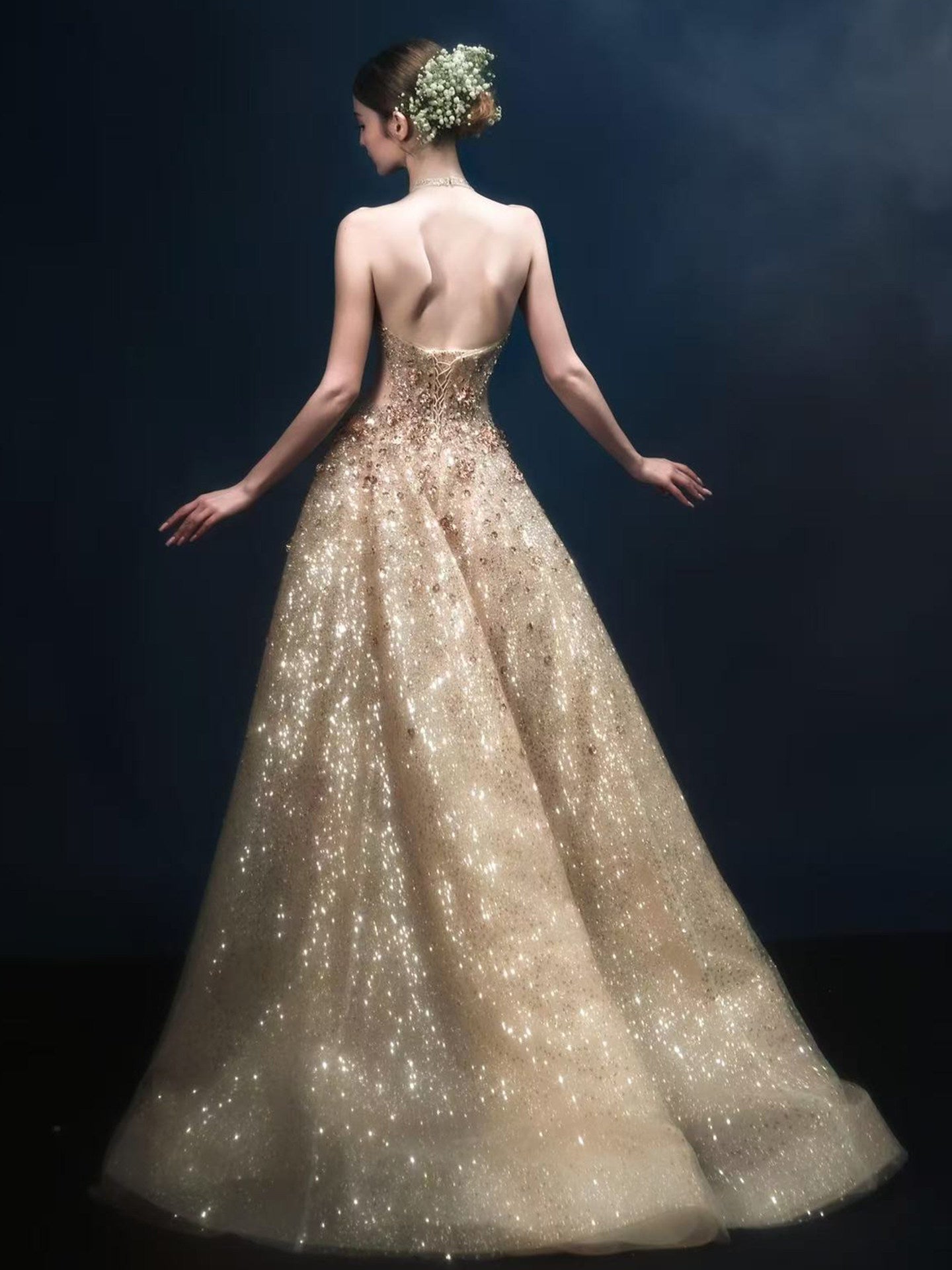 Luxury Gold Glitter Ball Gown Halter Neck Prom Dress SL153