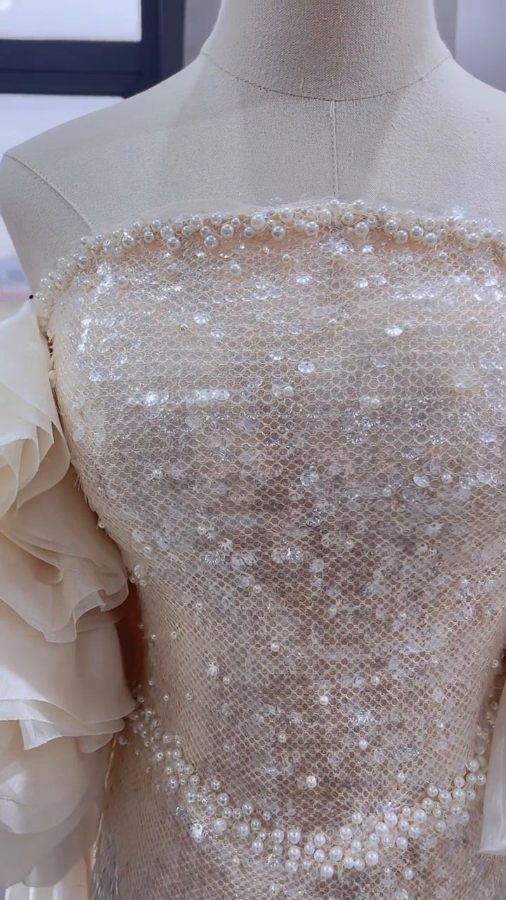 Champagne Sequin Ruffle Sleeve Mermaid Evening Gown EL102