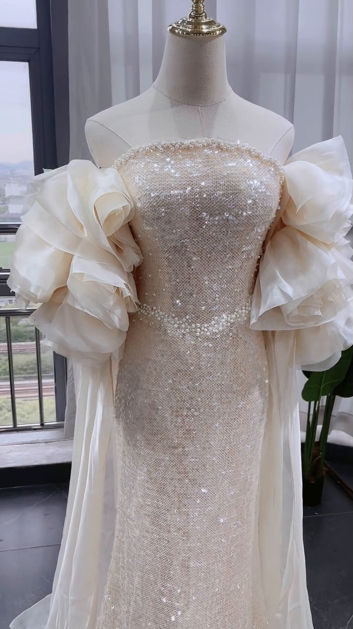 Champagne Sequin Ruffle Sleeve Mermaid Evening Gown EL102