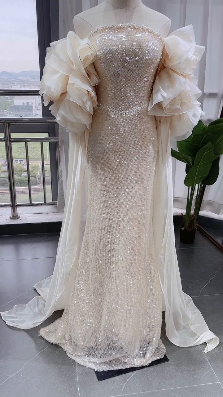 Champagne Sequin Ruffle Sleeve Mermaid Evening Gown EL102