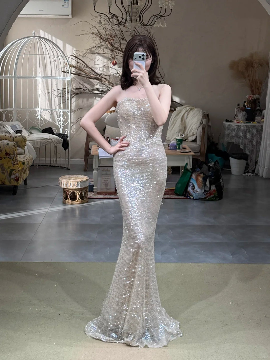 Champagne Sequin Ruffle Sleeve Mermaid Evening Gown EL102