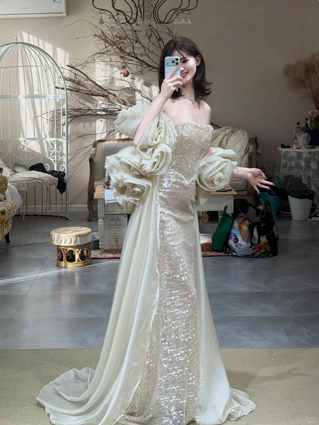 Champagne Sequin Ruffle Sleeve Mermaid Evening Gown EL102