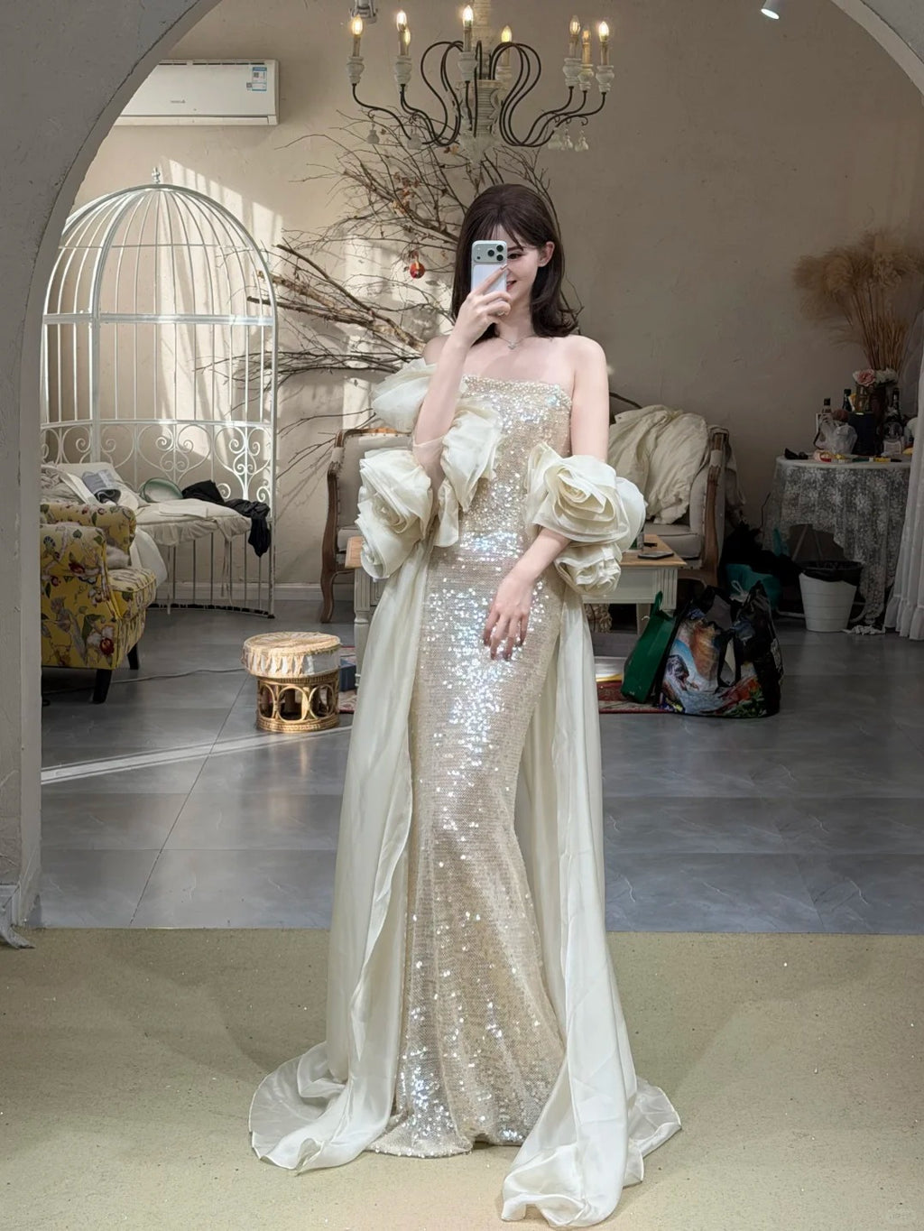 Champagne Sequin Ruffle Sleeve Mermaid Evening Gown EL102