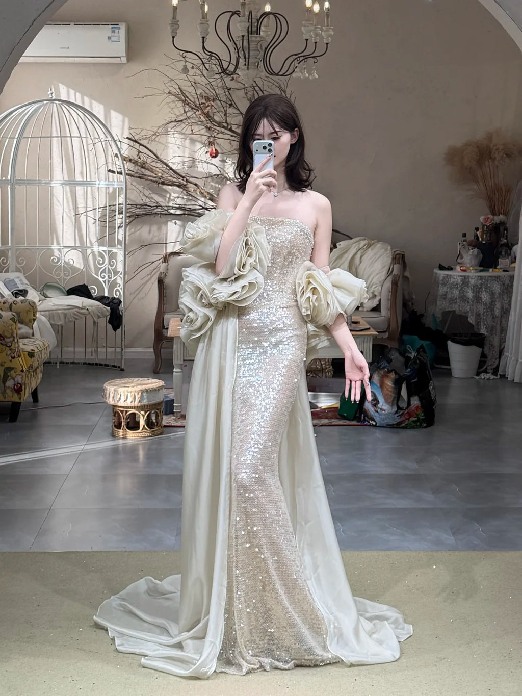 Champagne Sequin Ruffle Sleeve Mermaid Evening Gown EL102