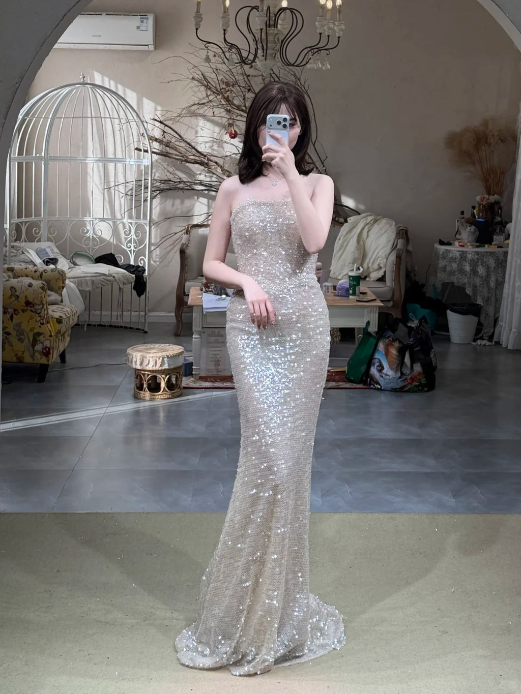 Champagne Sequin Ruffle Sleeve Mermaid Evening Gown EL102