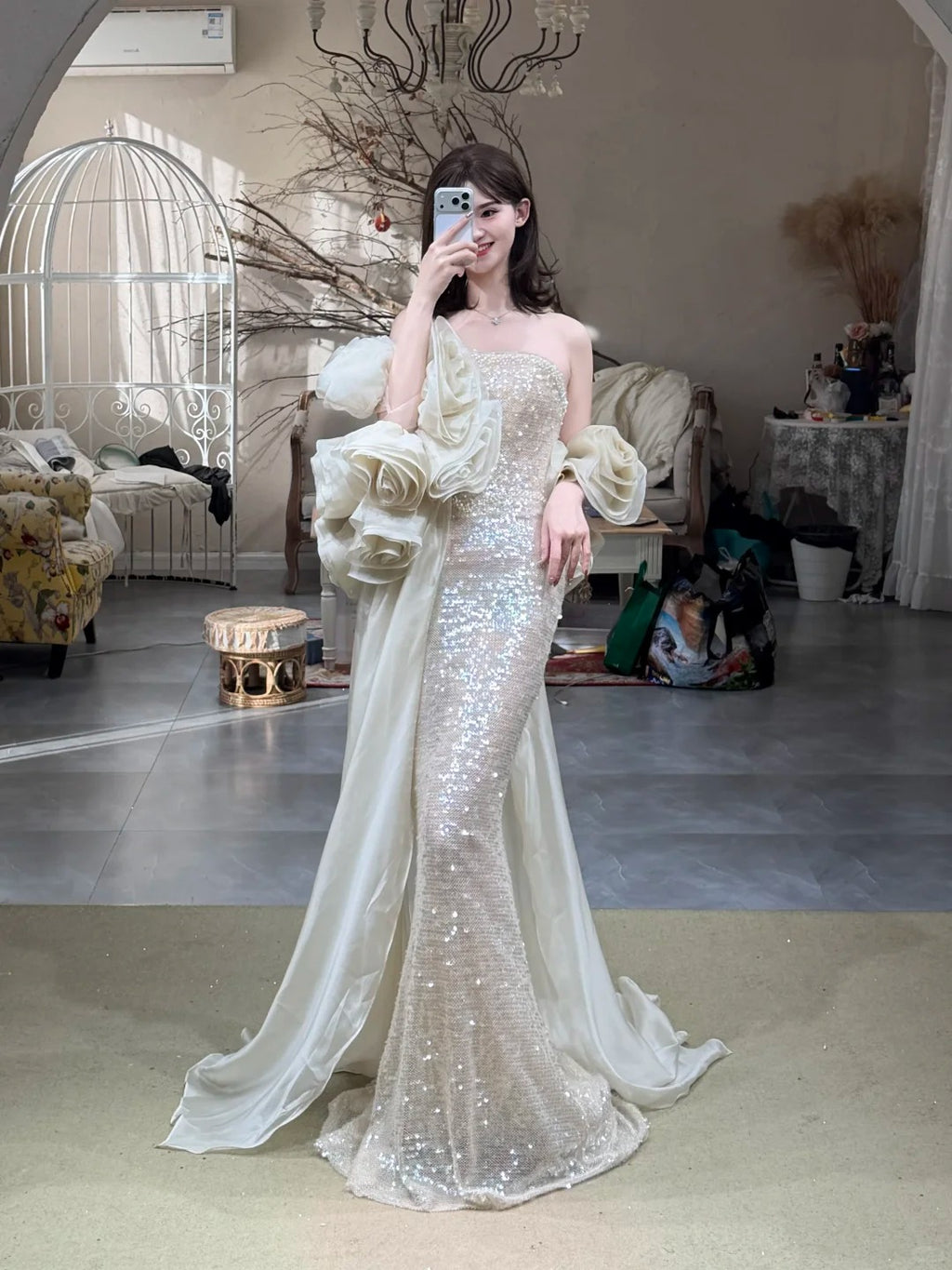 Champagne Sequin Ruffle Sleeve Mermaid Evening Gown EL102