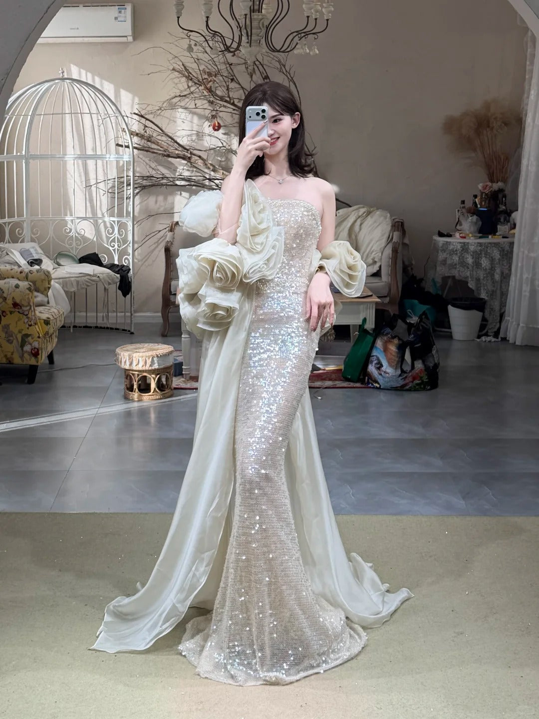 Champagne Sequin Ruffle Sleeve Mermaid Evening Gown EL102