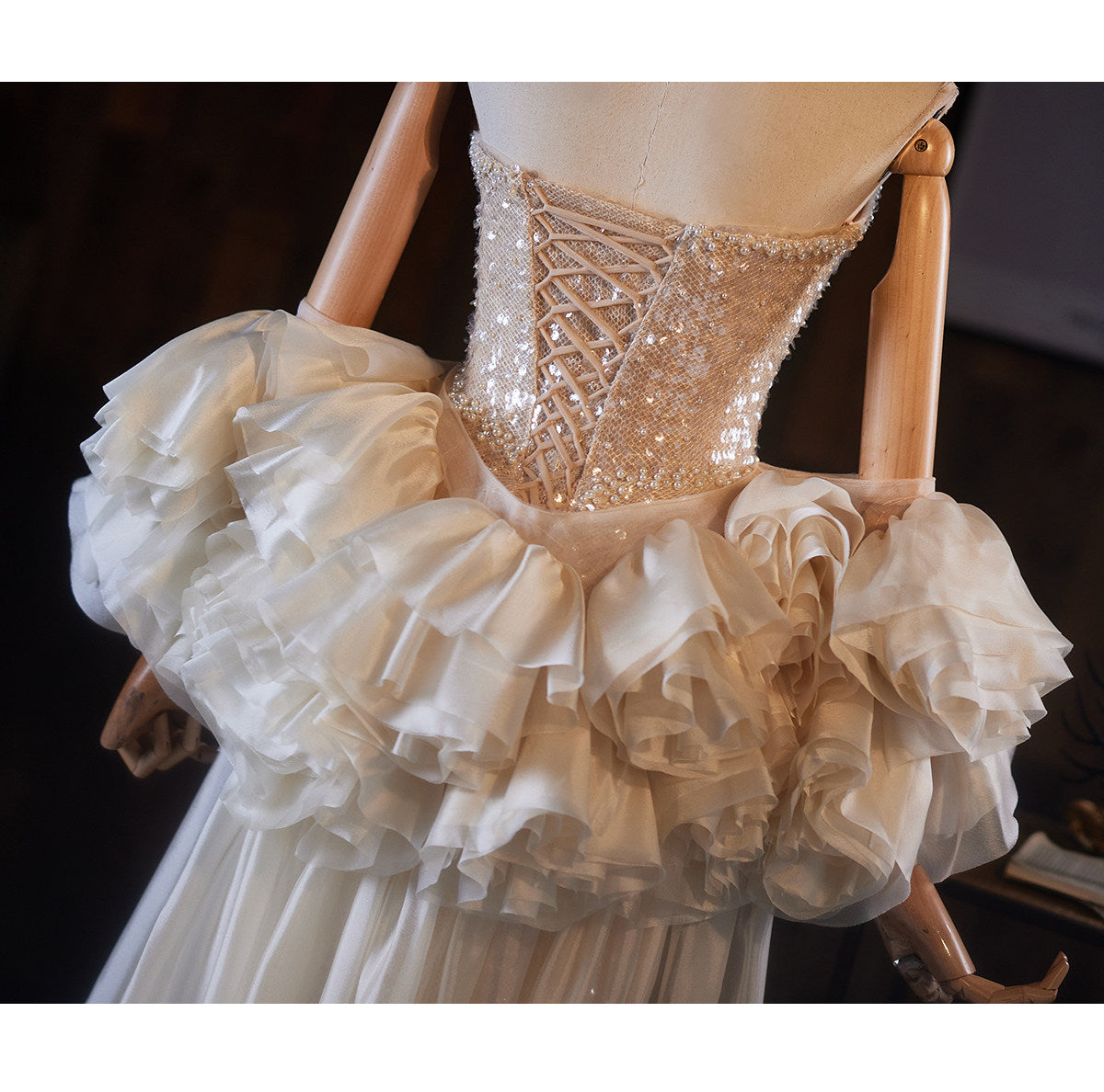 Champagne Sequin Ruffle Sleeve Mermaid Evening Gown EL102