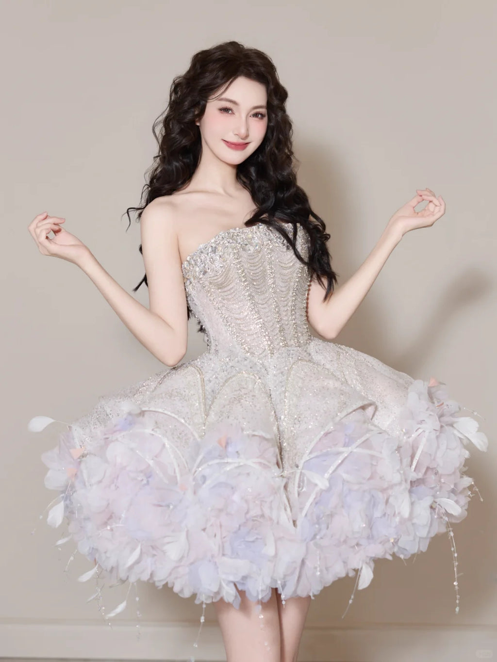 SL240 White Crystal Corset Mini Prom Dress with 3D Floral Skirt