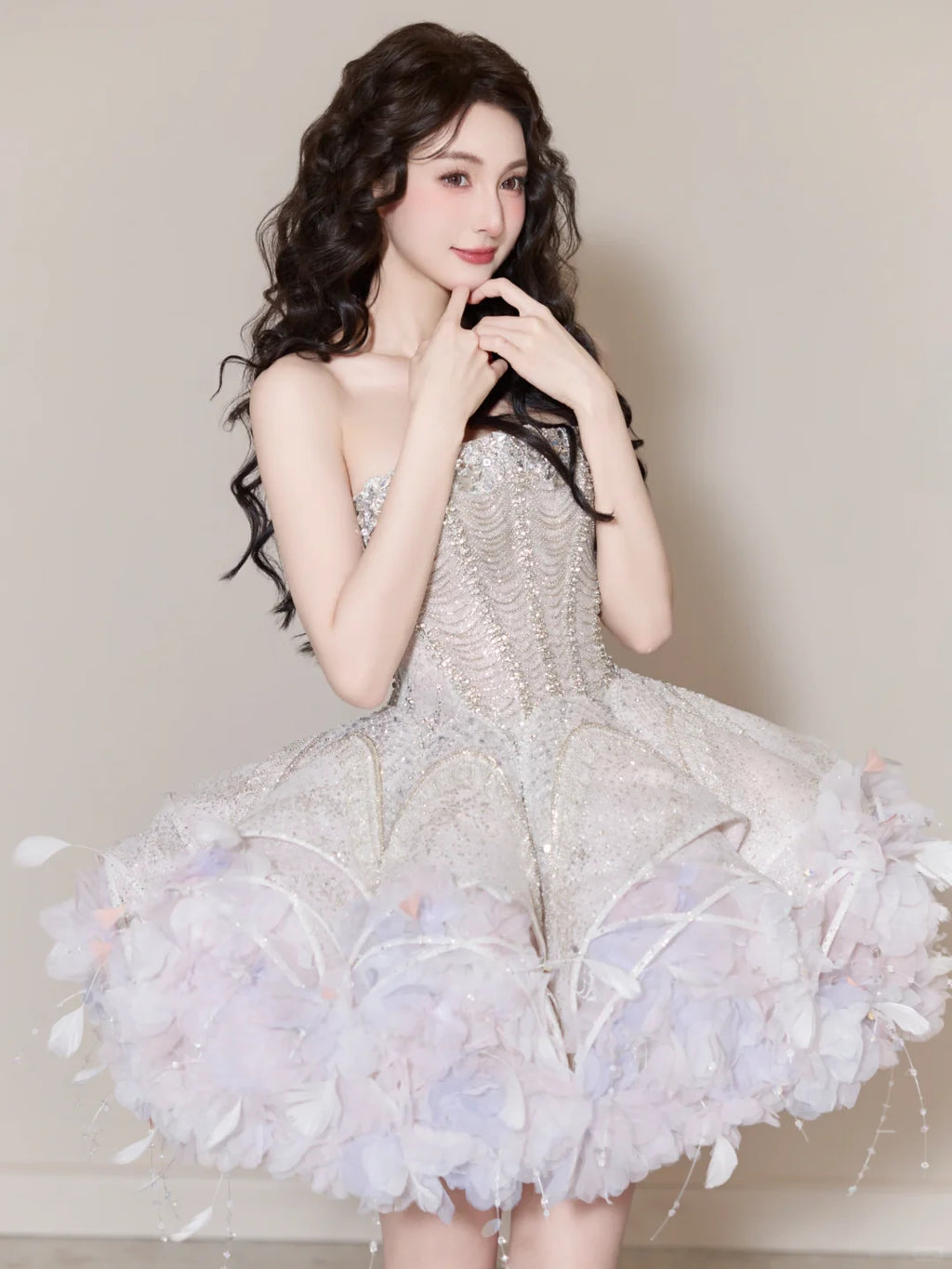 SL240 White Crystal Corset Mini Prom Dress with 3D Floral Skirt