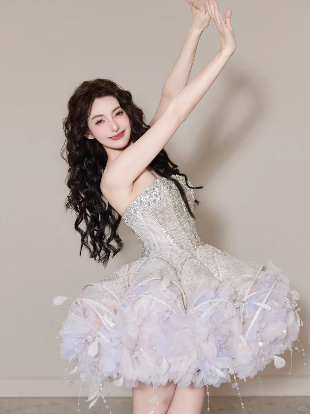 SL240 White Crystal Corset Mini Prom Dress with 3D Floral Skirt