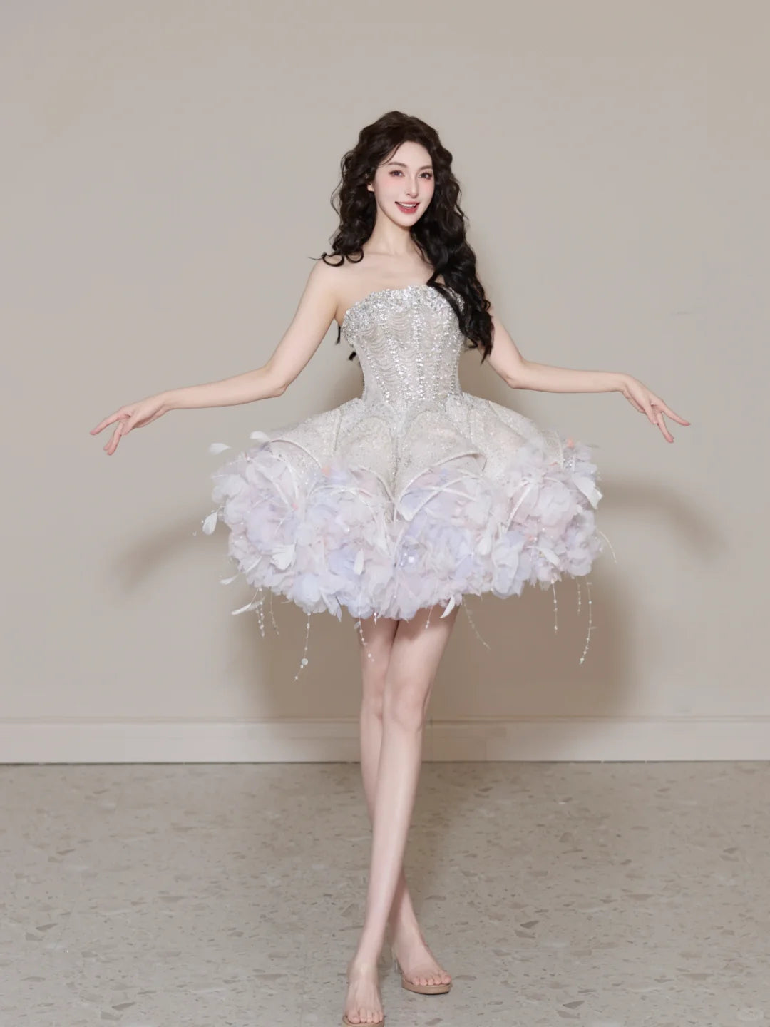 SL240 White Crystal Corset Mini Prom Dress with 3D Floral Skirt