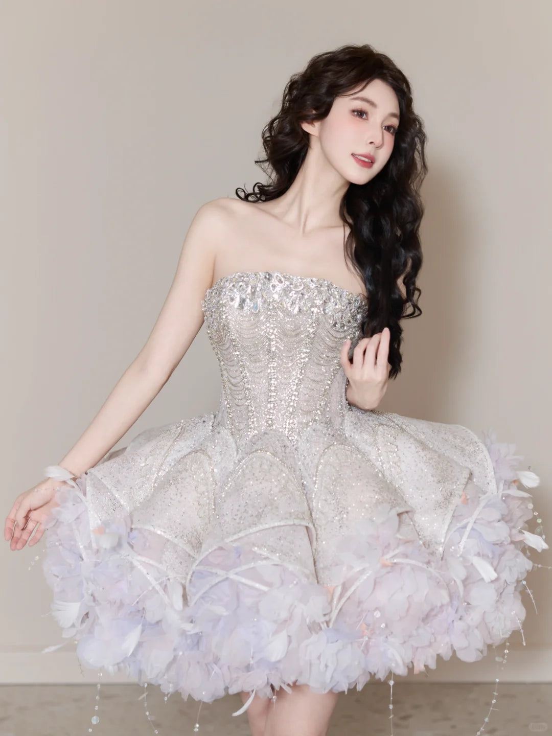 SL240 White Crystal Corset Mini Prom Dress with 3D Floral Skirt