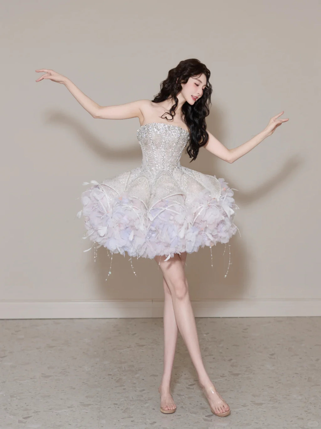 SL240 White Crystal Corset Mini Prom Dress with 3D Floral Skirt