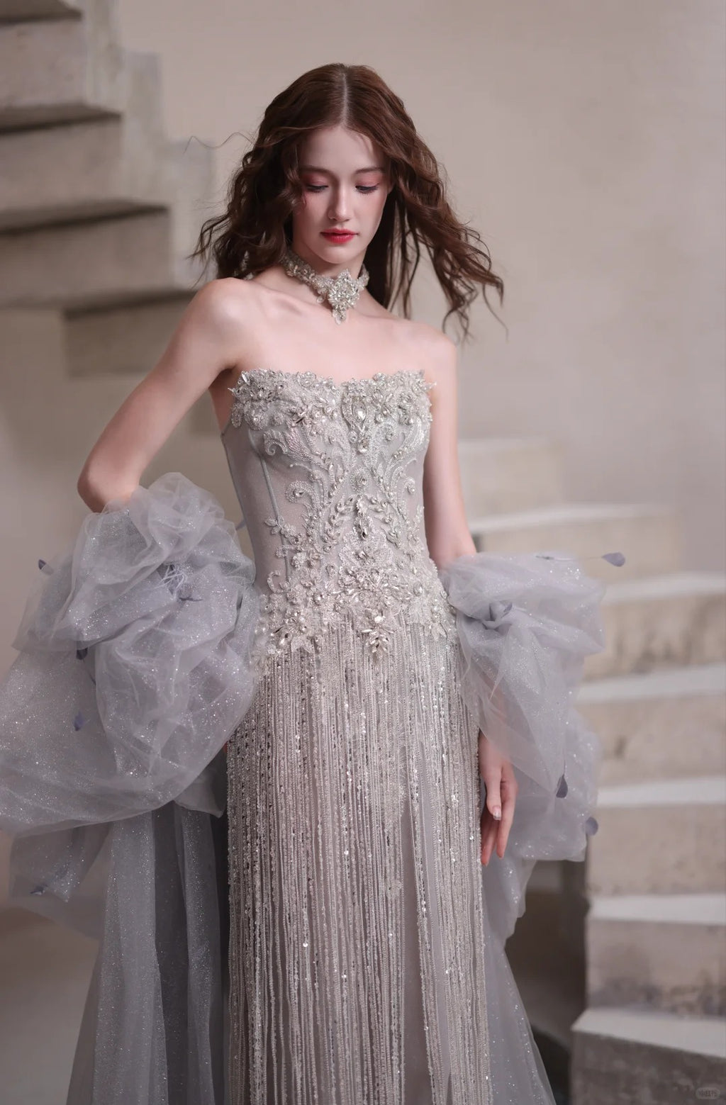 Dusty Blue Beaded Fringe Strapless Evening Gown with Detachable Tulle Cape SL231