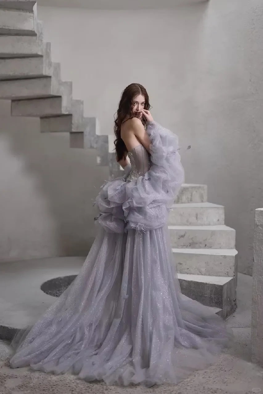 Dusty Blue Beaded Fringe Strapless Evening Gown with Detachable Tulle Cape SL231