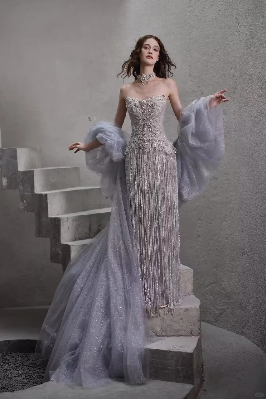 Dusty Blue Beaded Fringe Strapless Evening Gown with Detachable Tulle Cape SL231