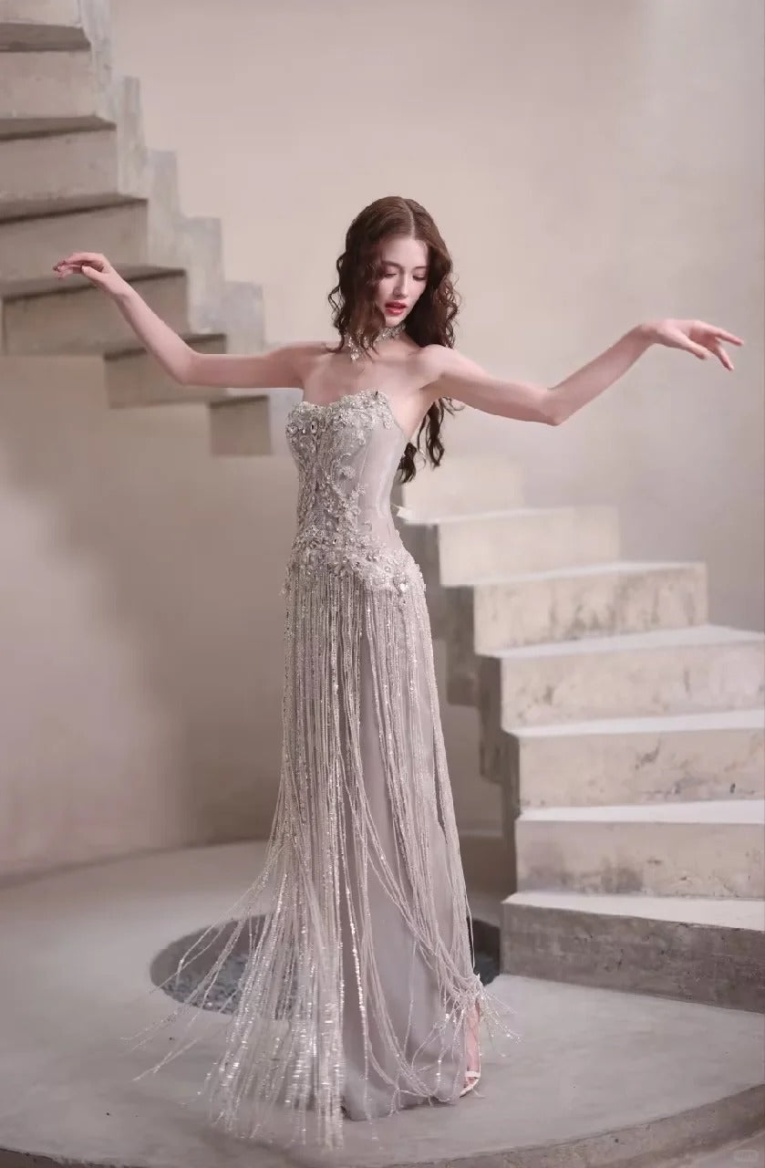 Dusty Blue Beaded Fringe Strapless Evening Gown with Detachable Tulle Cape SL231