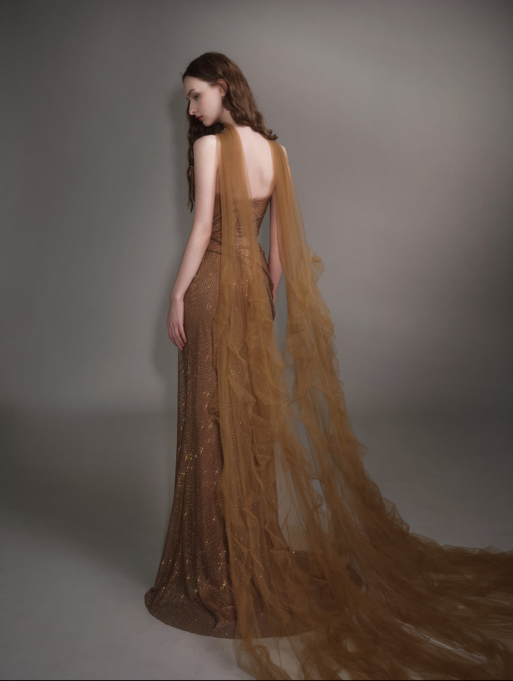 Elegant Gold Mermaid Evening Dress with Detachable Tulle Train SL154