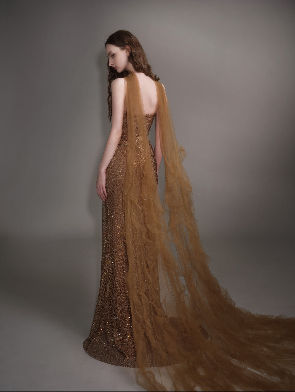 Elegant Gold Mermaid Evening Dress with Detachable Tulle Train SL154