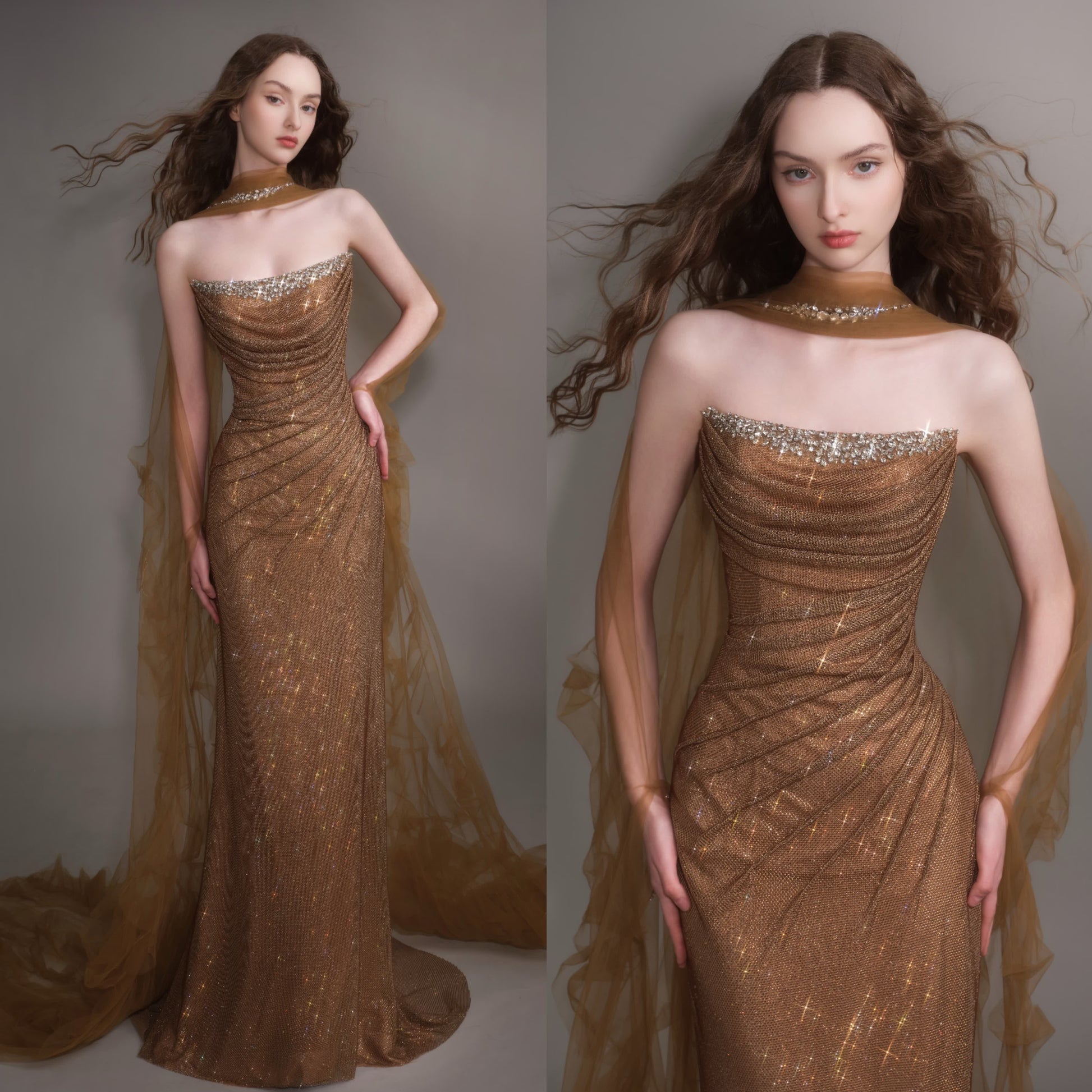 Elegant Gold Mermaid Evening Dress with Detachable Tulle Train SL154