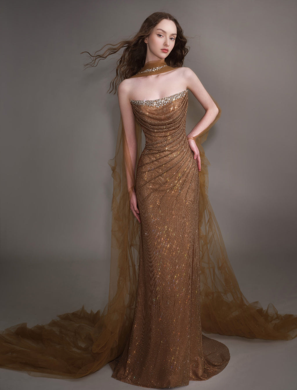 Elegant Gold Mermaid Evening Dress with Detachable Tulle Train SL154