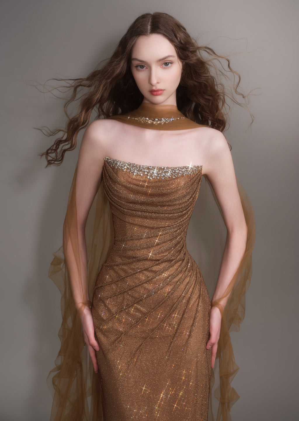Elegant Gold Mermaid Evening Dress with Detachable Tulle Train SL154