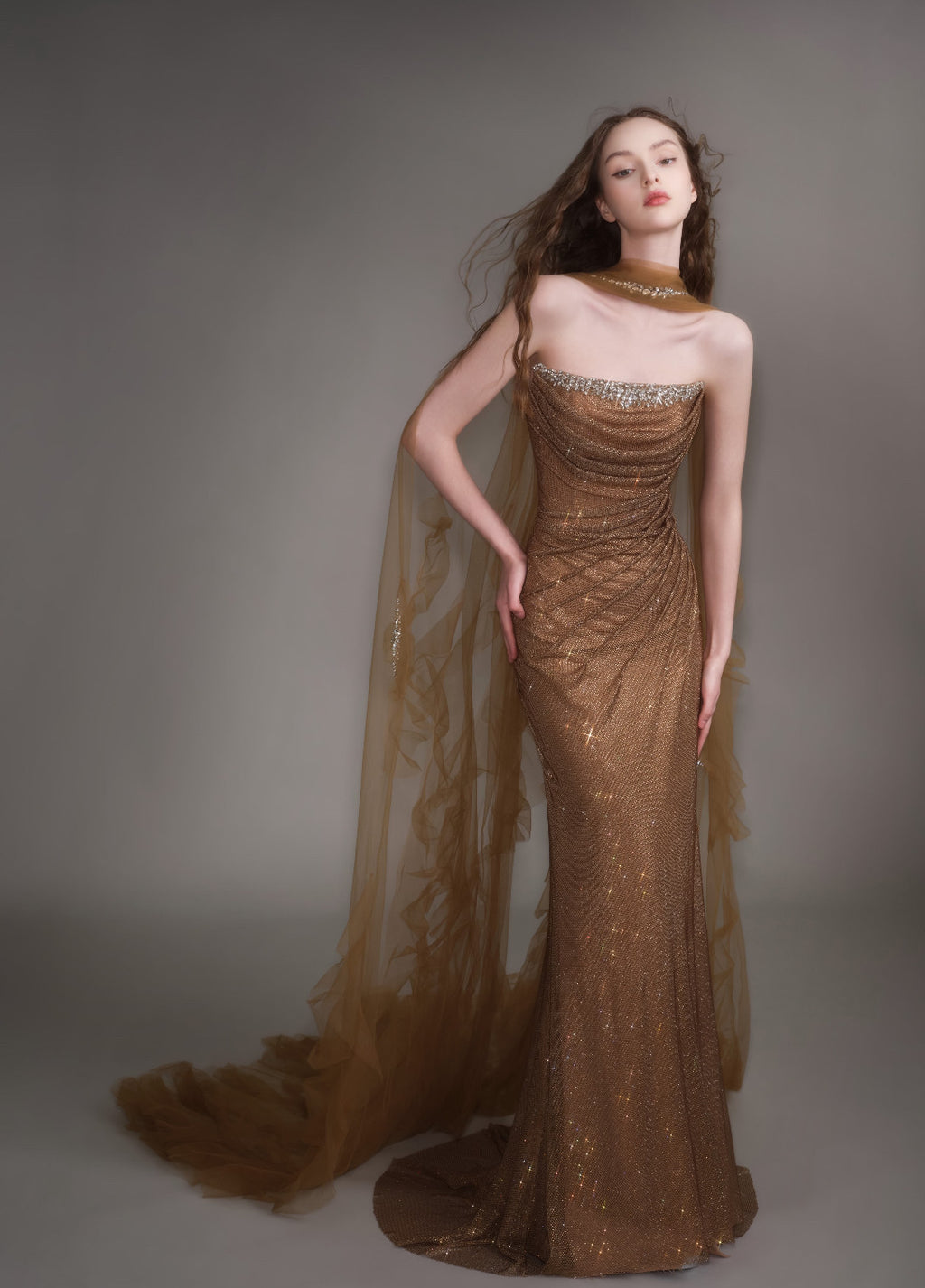 Elegant Gold Mermaid Evening Dress with Detachable Tulle Train SL154