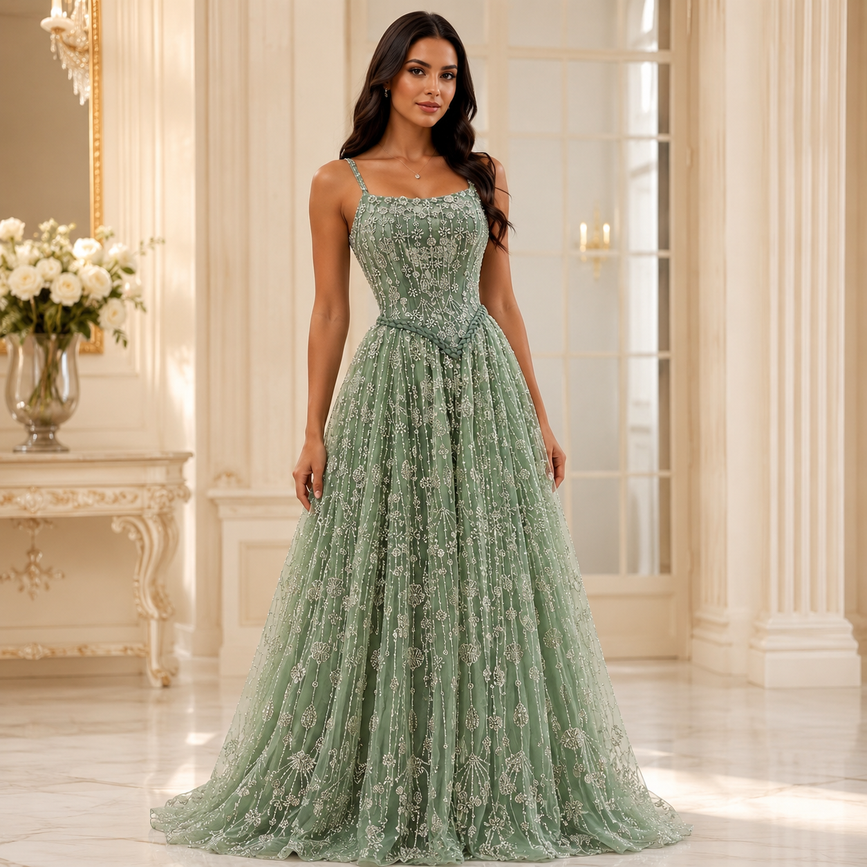 Elegant Sage Green Beads Evening Dress with Spaghetti Straps SL210