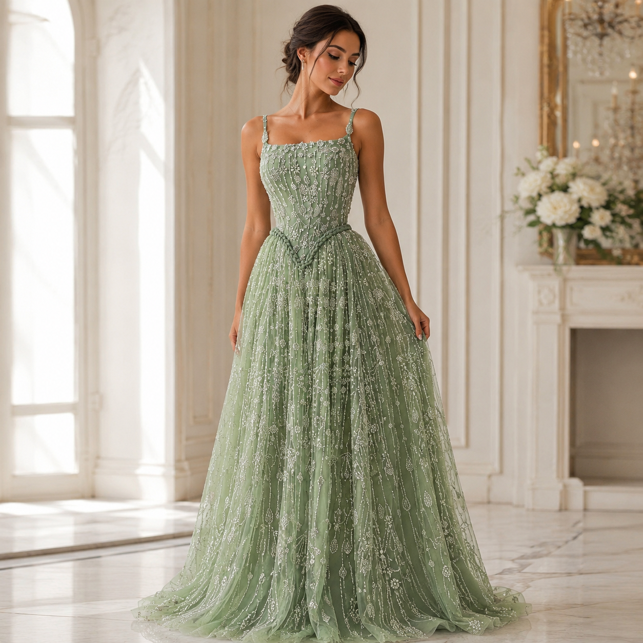Elegant Sage Green Beads Evening Dress with Spaghetti Straps SL210