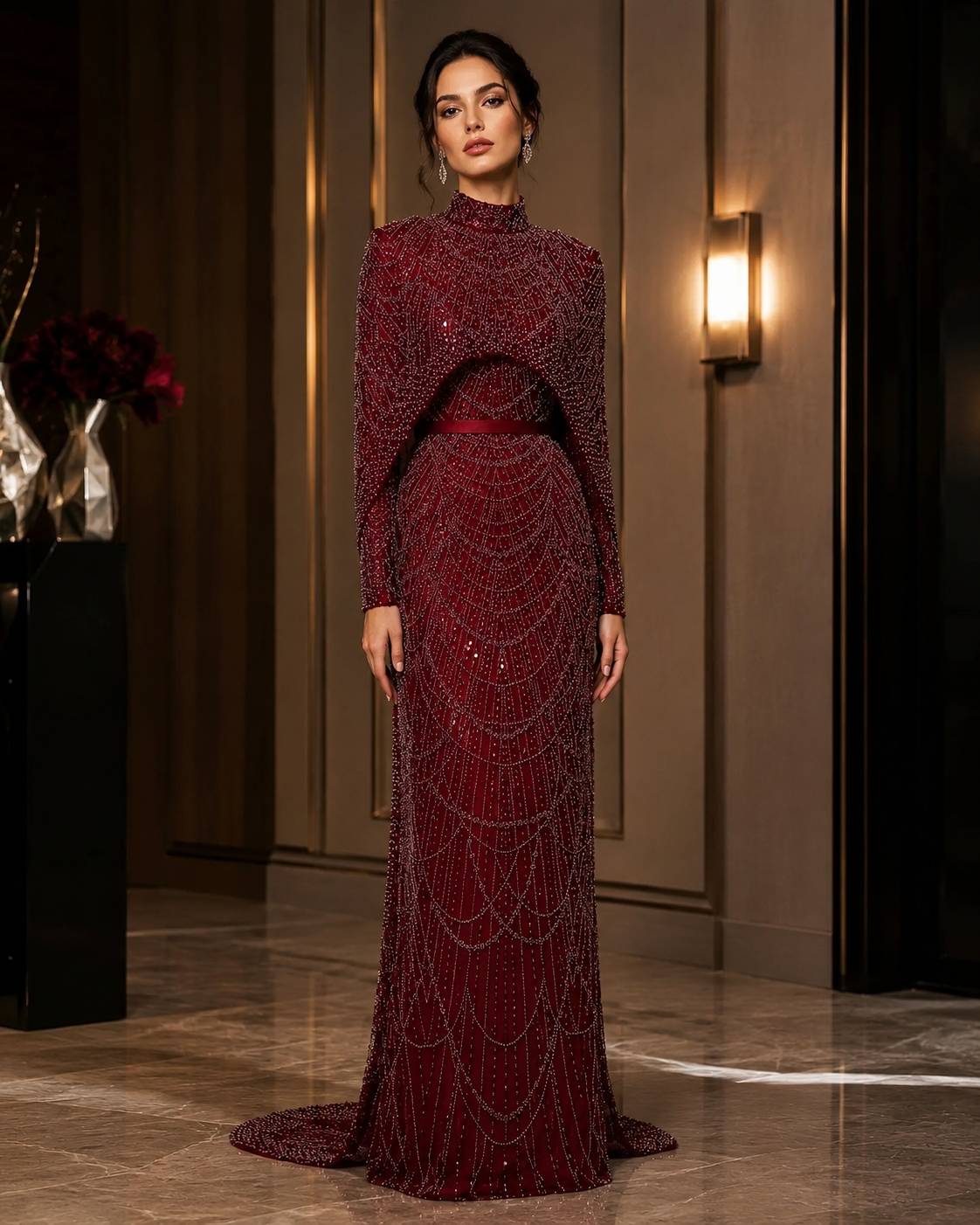 Luxury Wine Red Pearl Beaded Evening Gown with High Neck Cape Overlay SL178