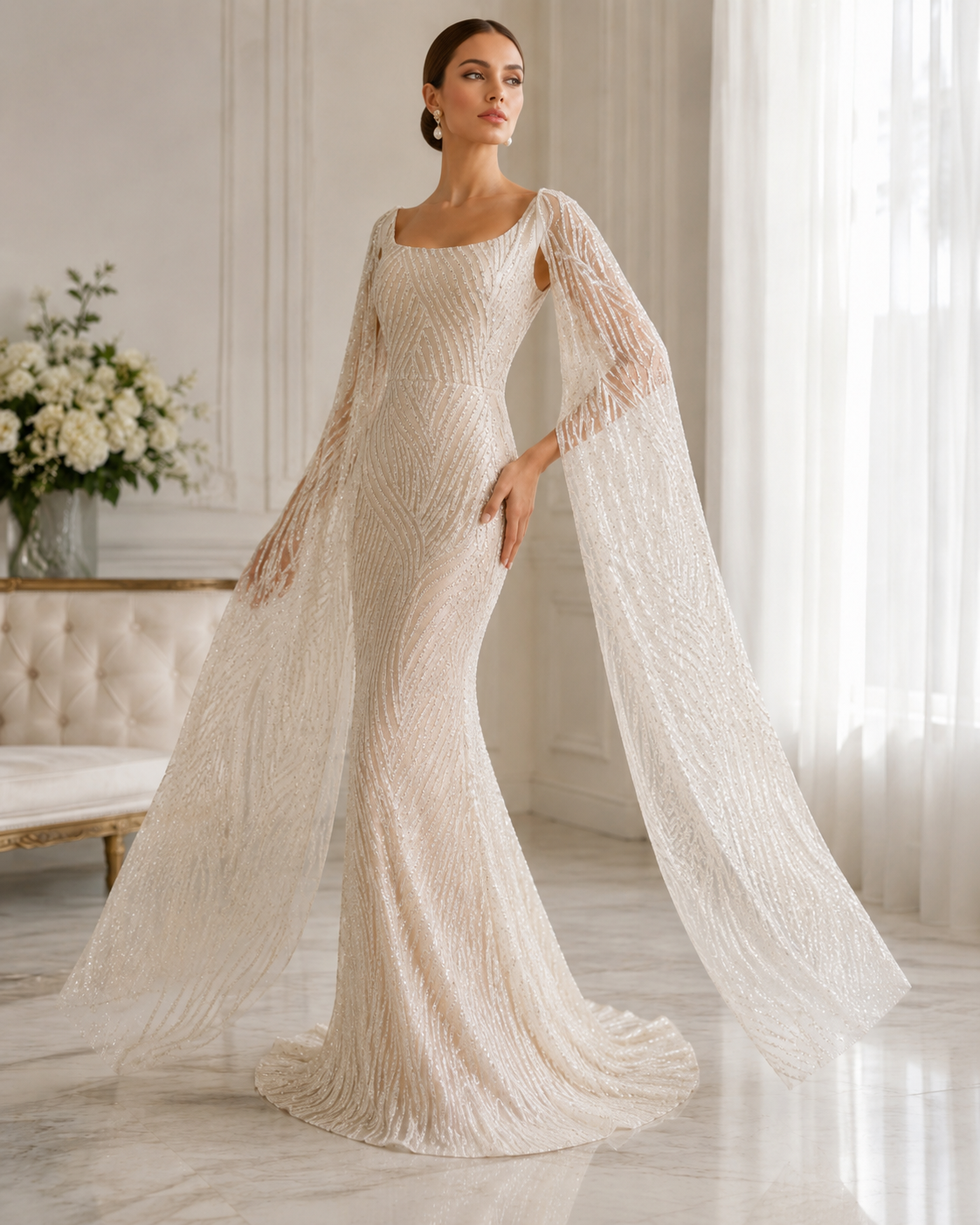 Elegant Champagne Glitter Formal Dress with Dramatic Sleeves SL206