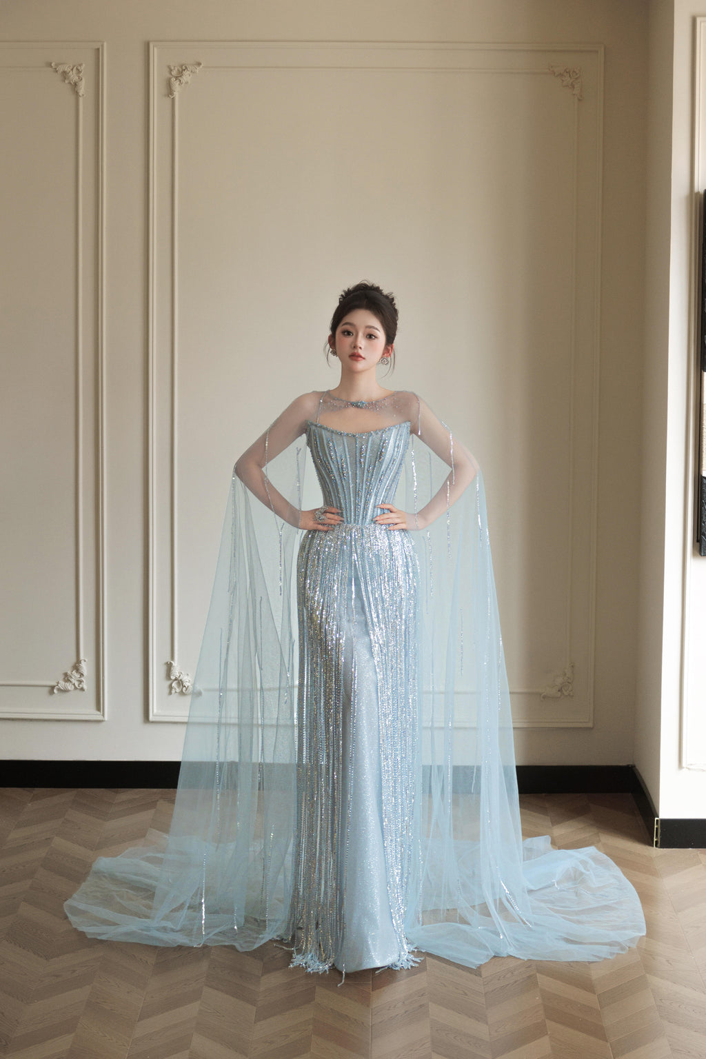 Luxury Light Blue Crystal Evening Gown with Sheer Cape SL206