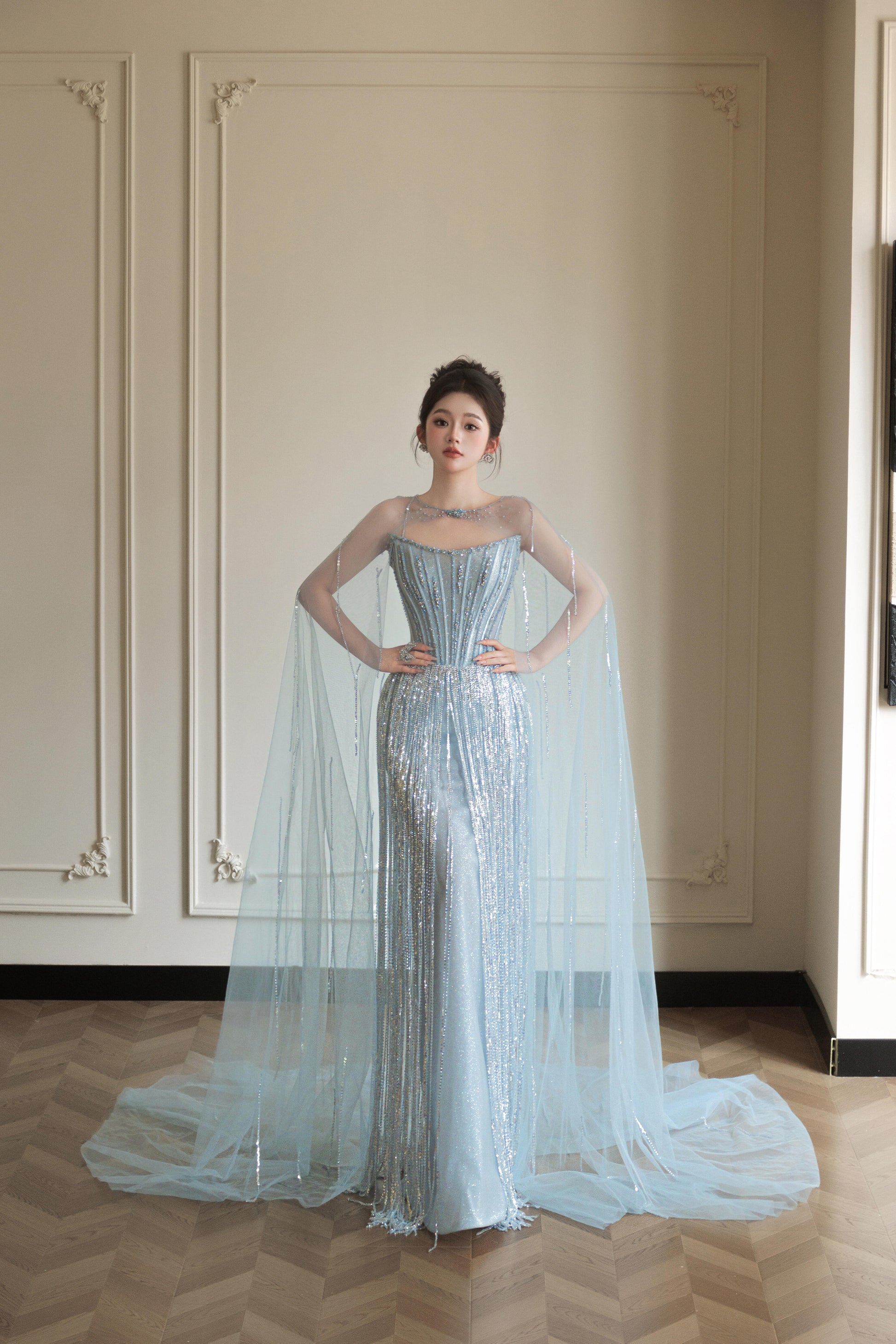 Luxury Light Blue Crystal Evening Gown with Sheer Cape SL206