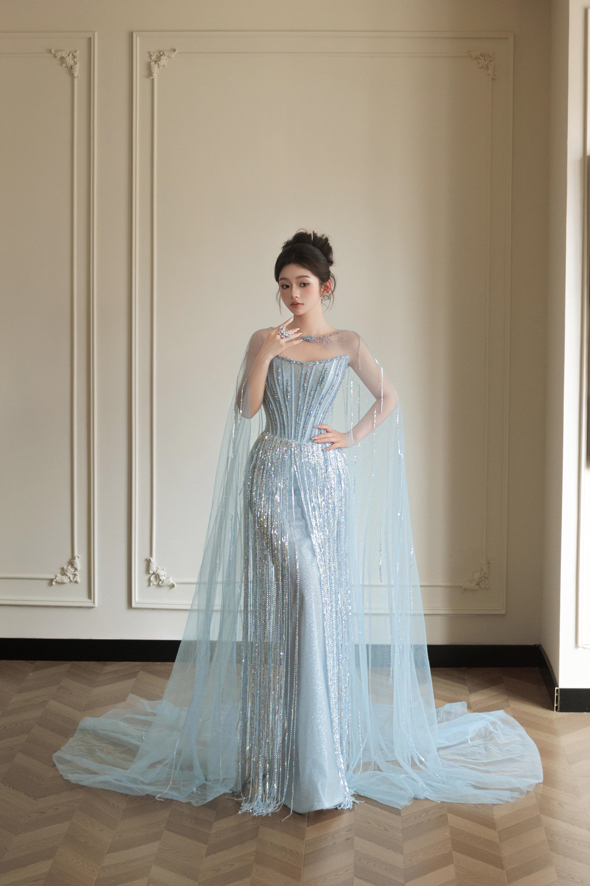 Luxury Light Blue Crystal Evening Gown with Sheer Cape SL206 – twinkle gowns