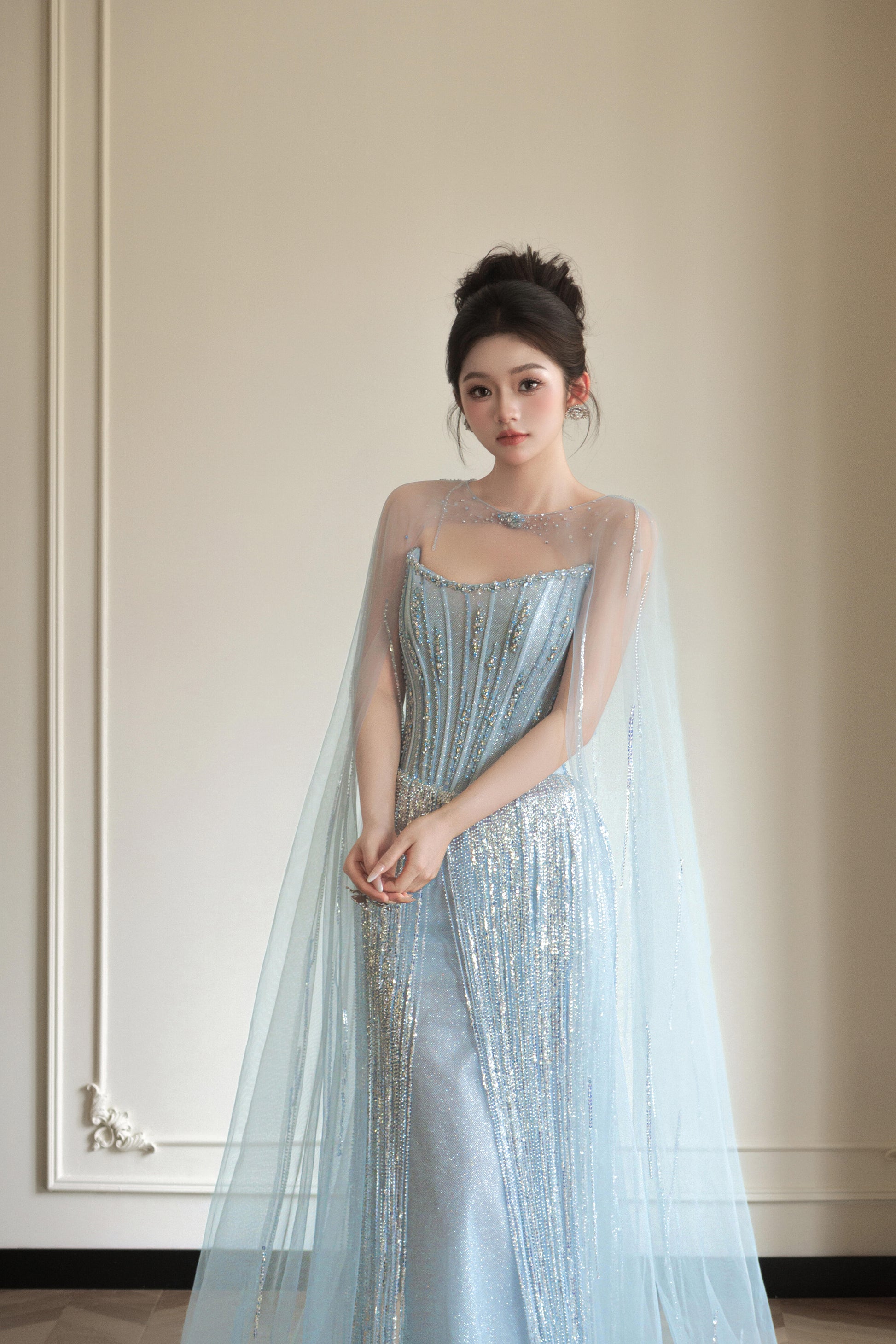 Luxury Light Blue Crystal Evening Gown with Sheer Cape SL206