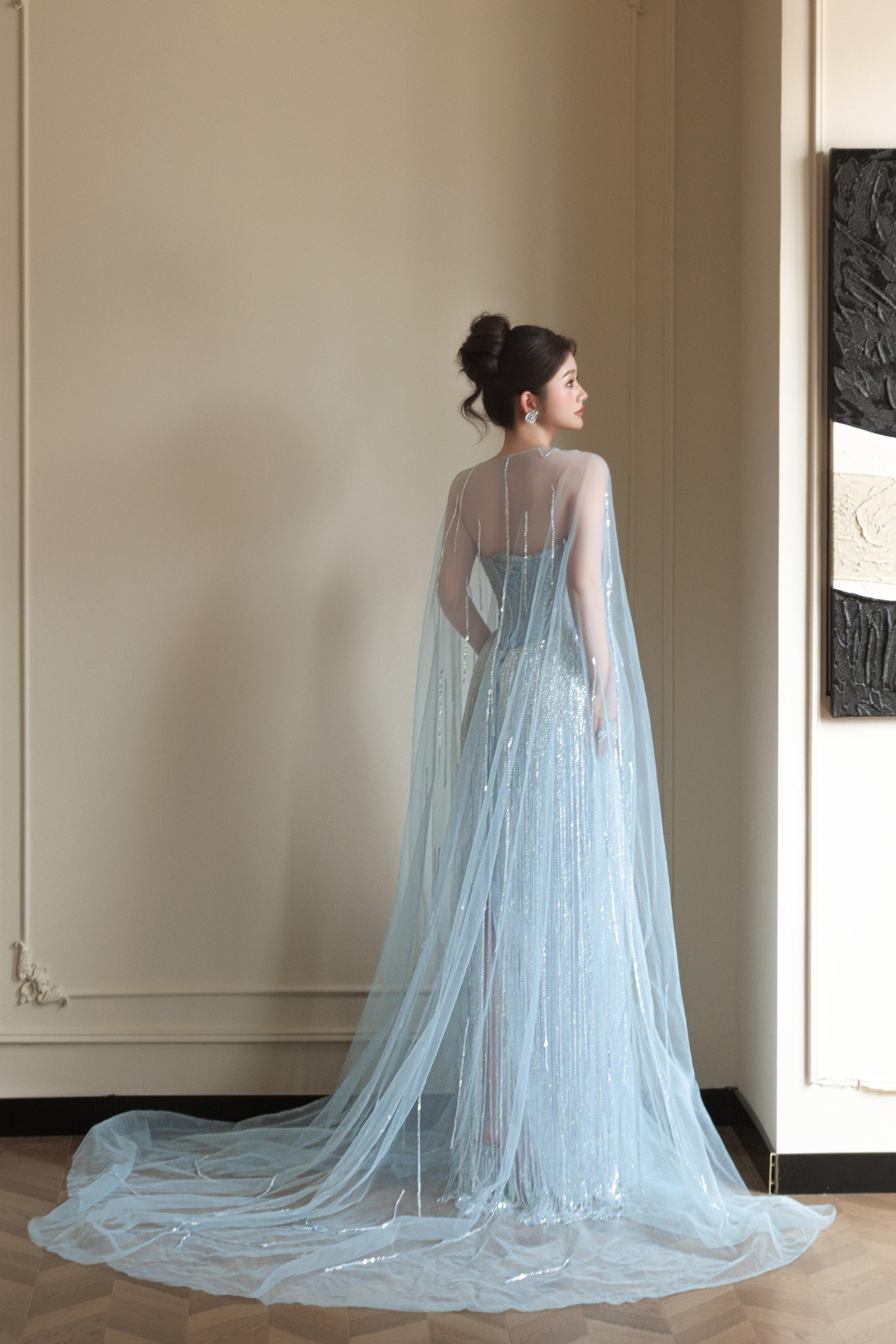 Luxury Light Blue Crystal Evening Gown with Sheer Cape SL206