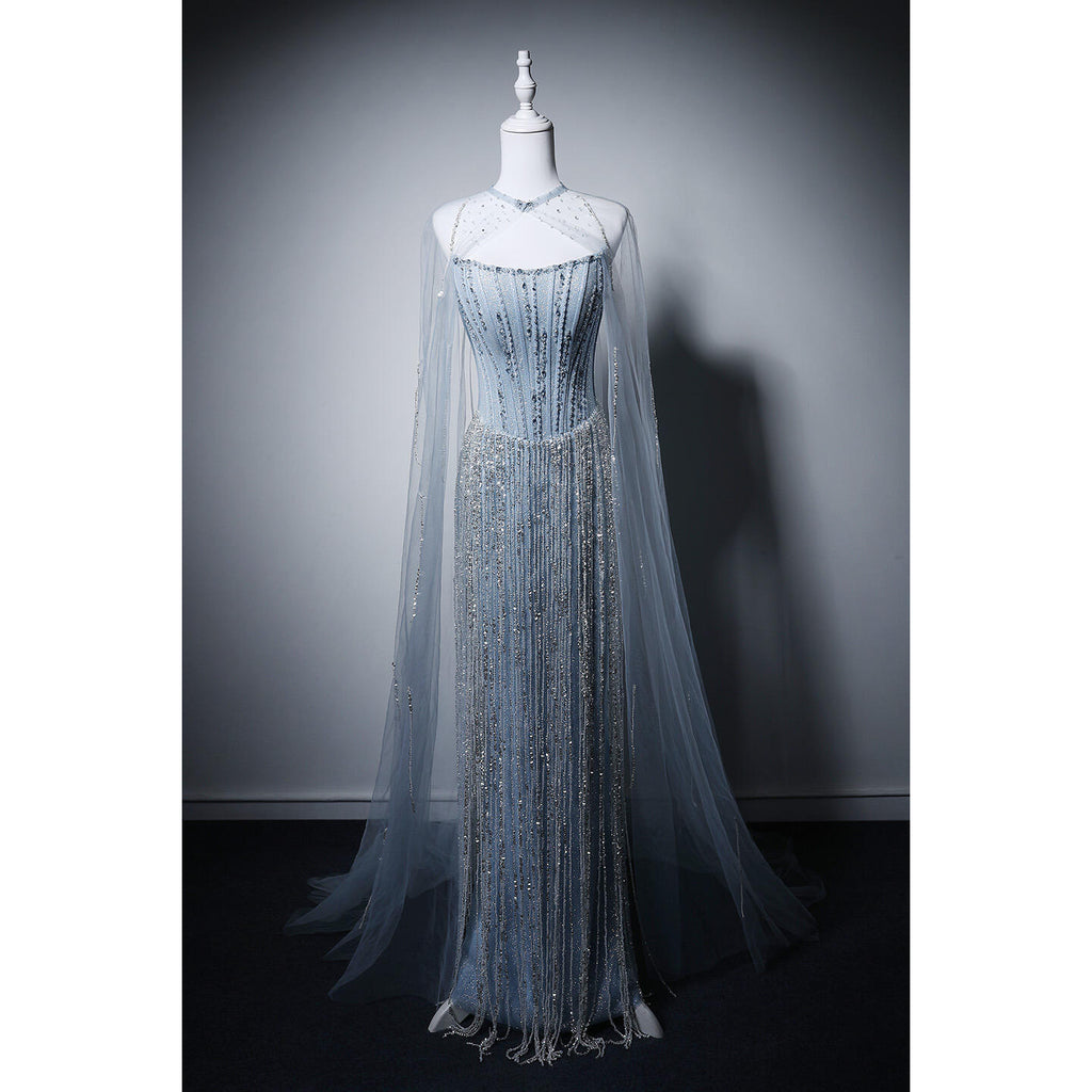 Luxury Light Blue Crystal Evening Gown with Sheer Cape SL206