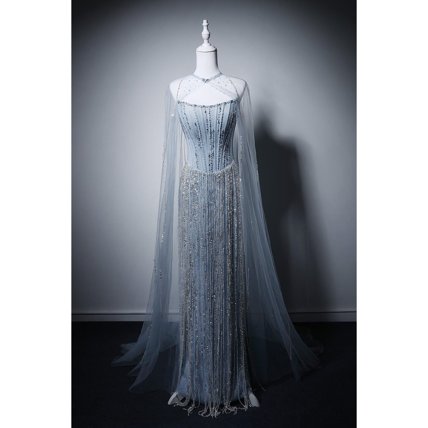 Luxury Light Blue Crystal Evening Gown with Sheer Cape SL206