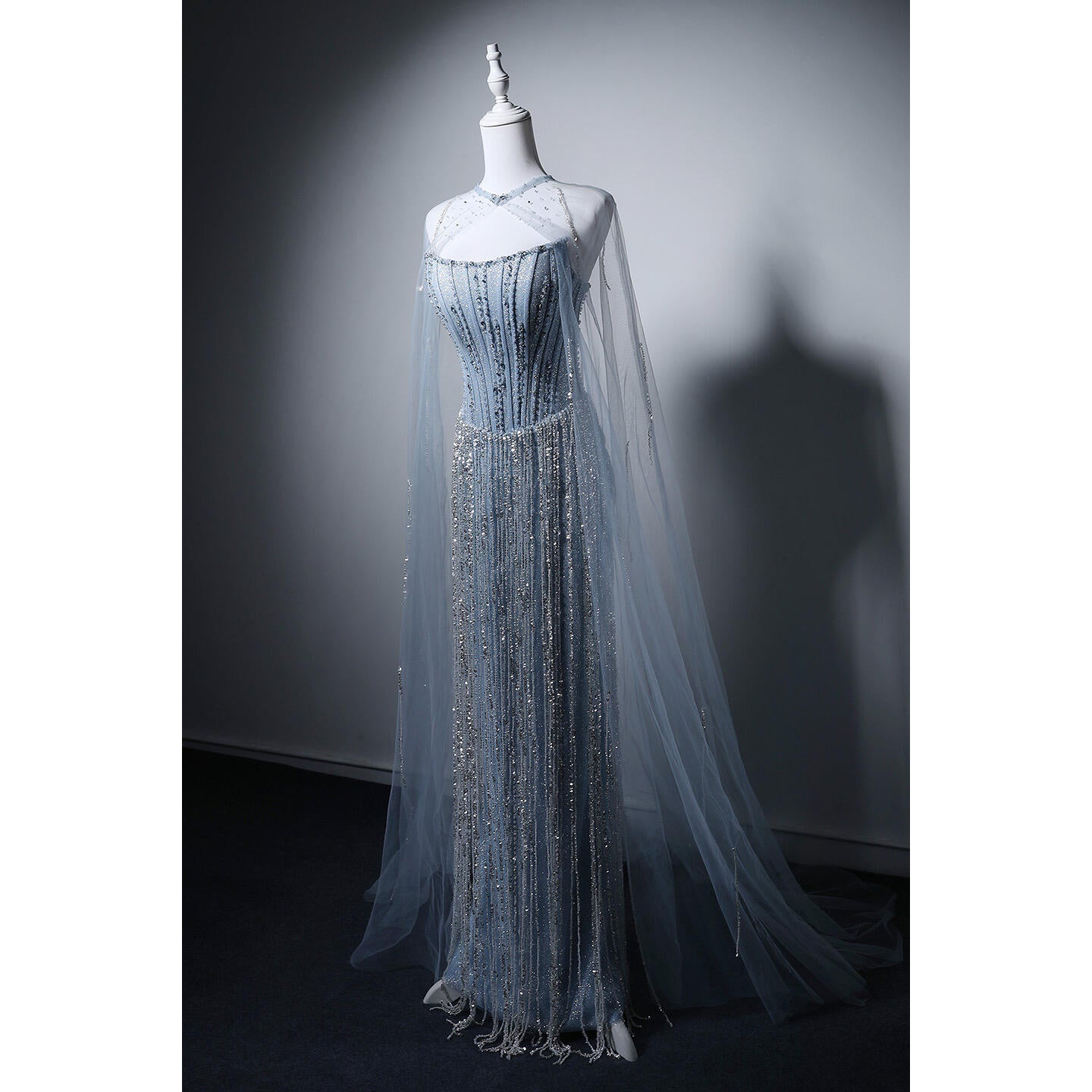 Luxury Light Blue Crystal Evening Gown with Sheer Cape SL206
