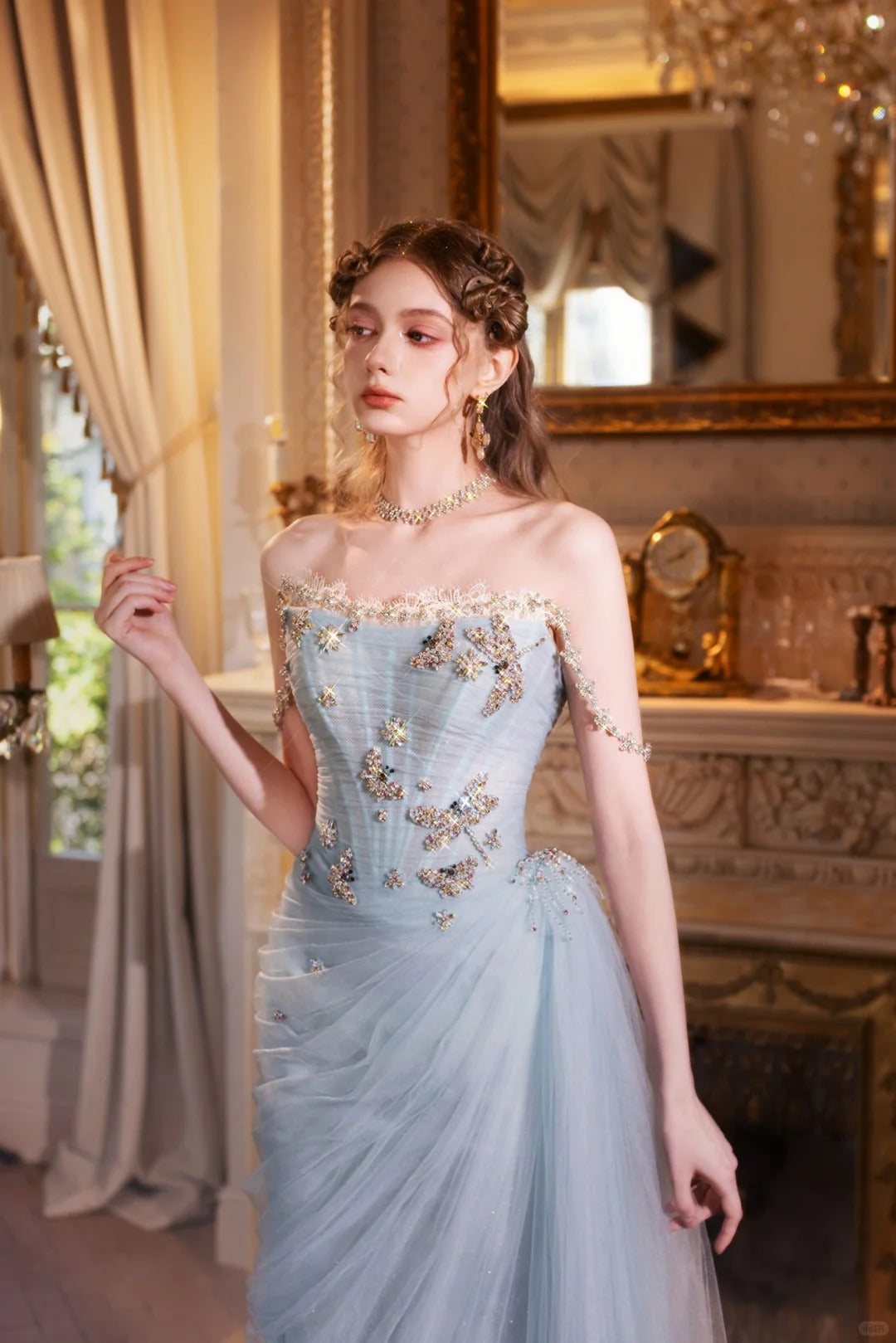 Sparkling Light Blue Crystal Butterfly Prom Dress EL103