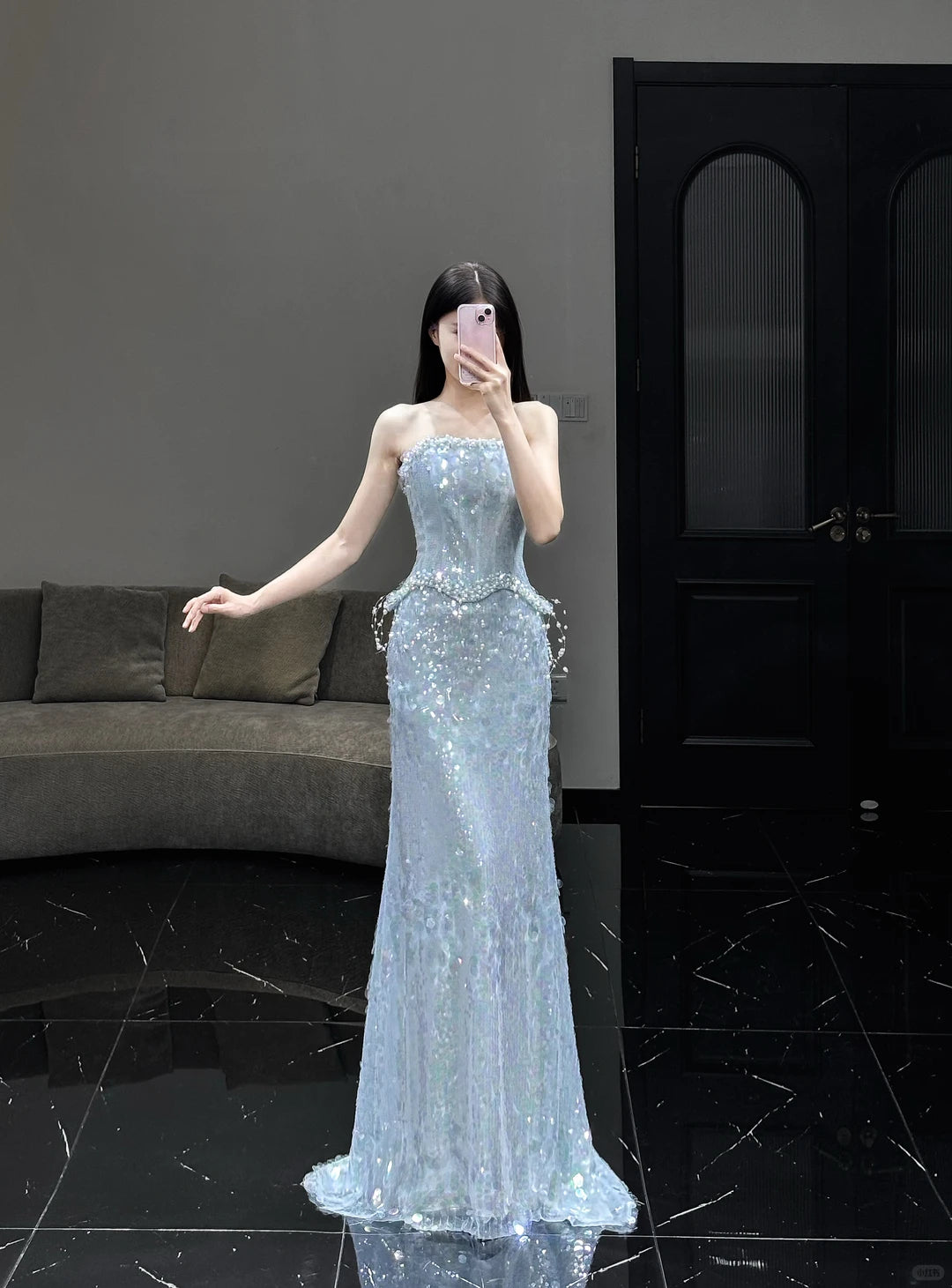 Ice Blue Silver Strapless Sequin Mermaid Prom Dress SL255