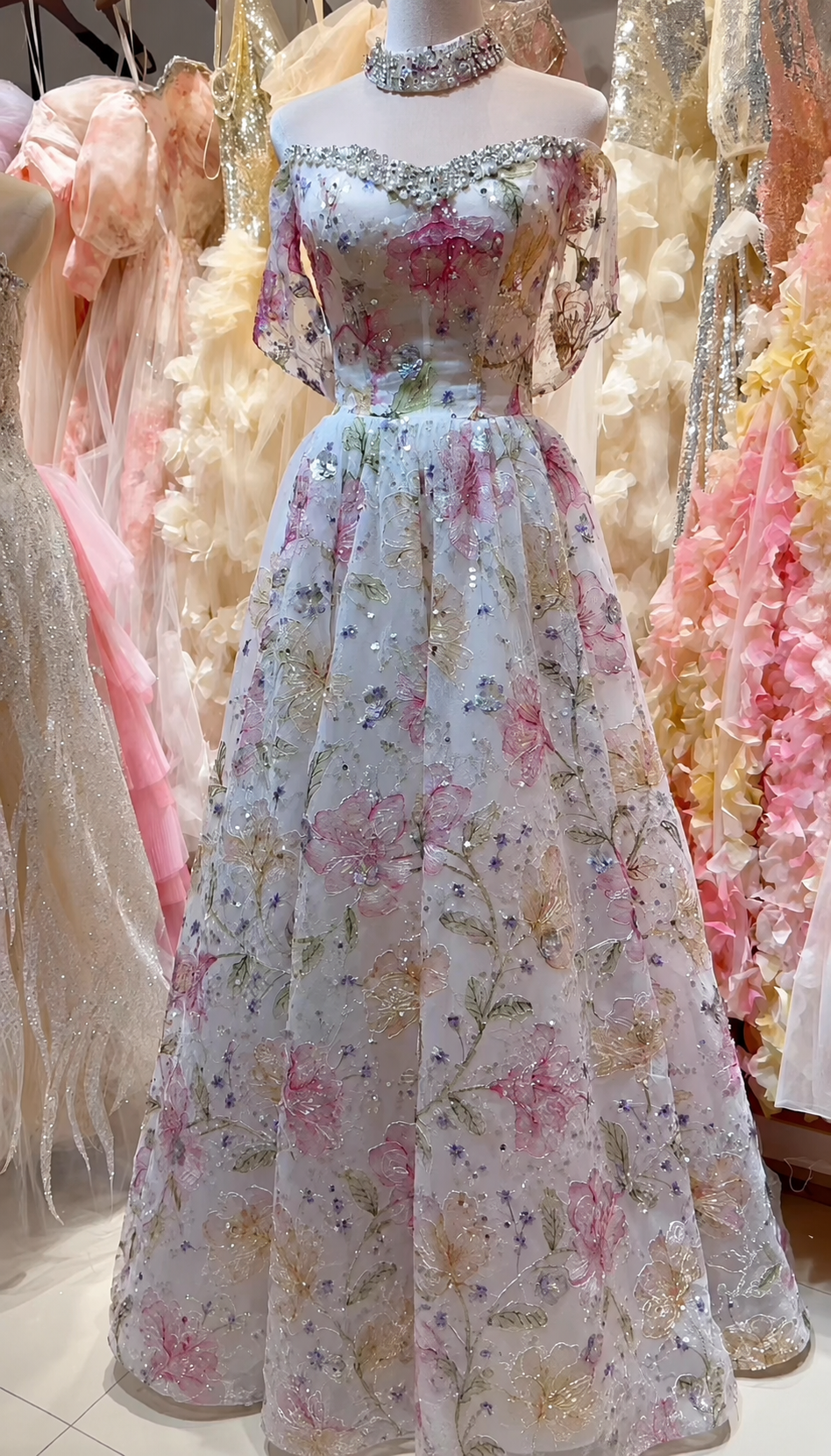 Luxury Floral Embroidered Evening Gown Off-Shoulder WL166