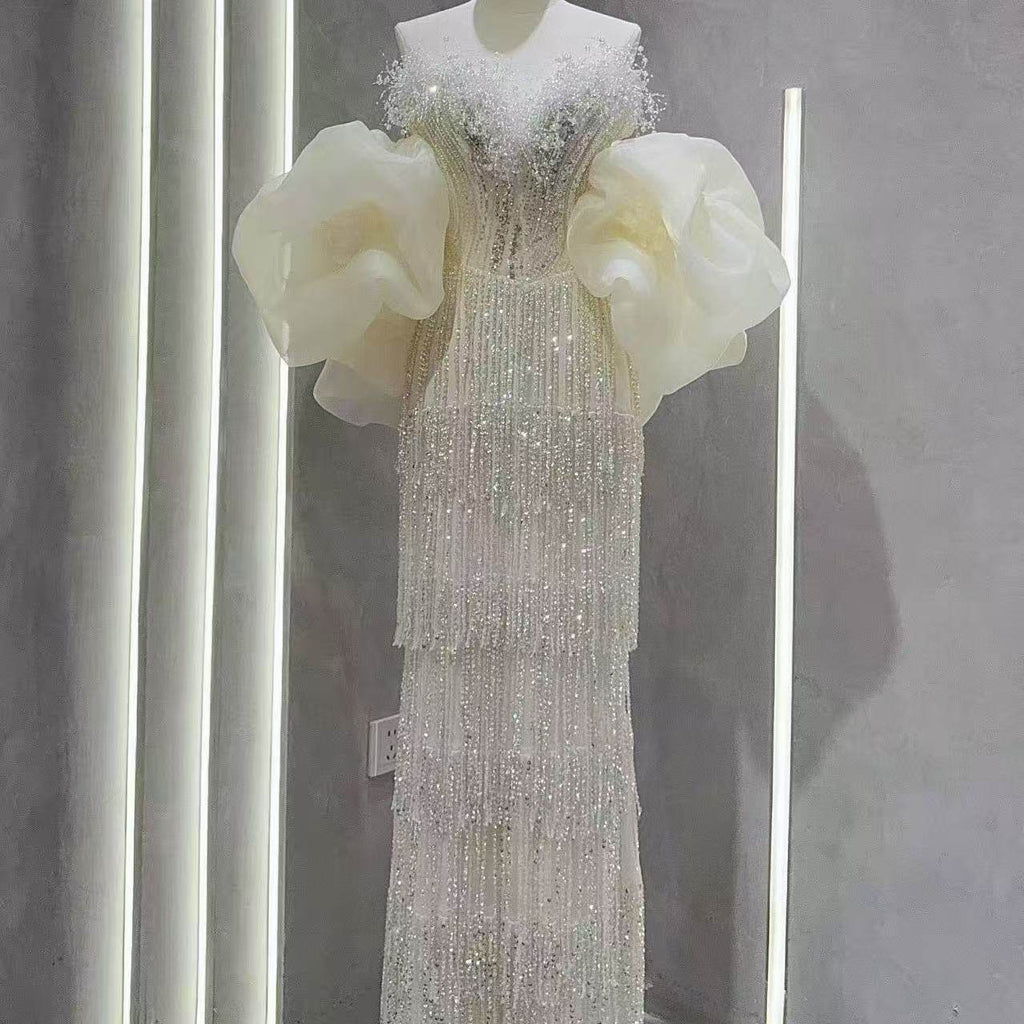 Luxury Sequin Beaded Evening Gown with Dramatic Organza Sleeves SL205