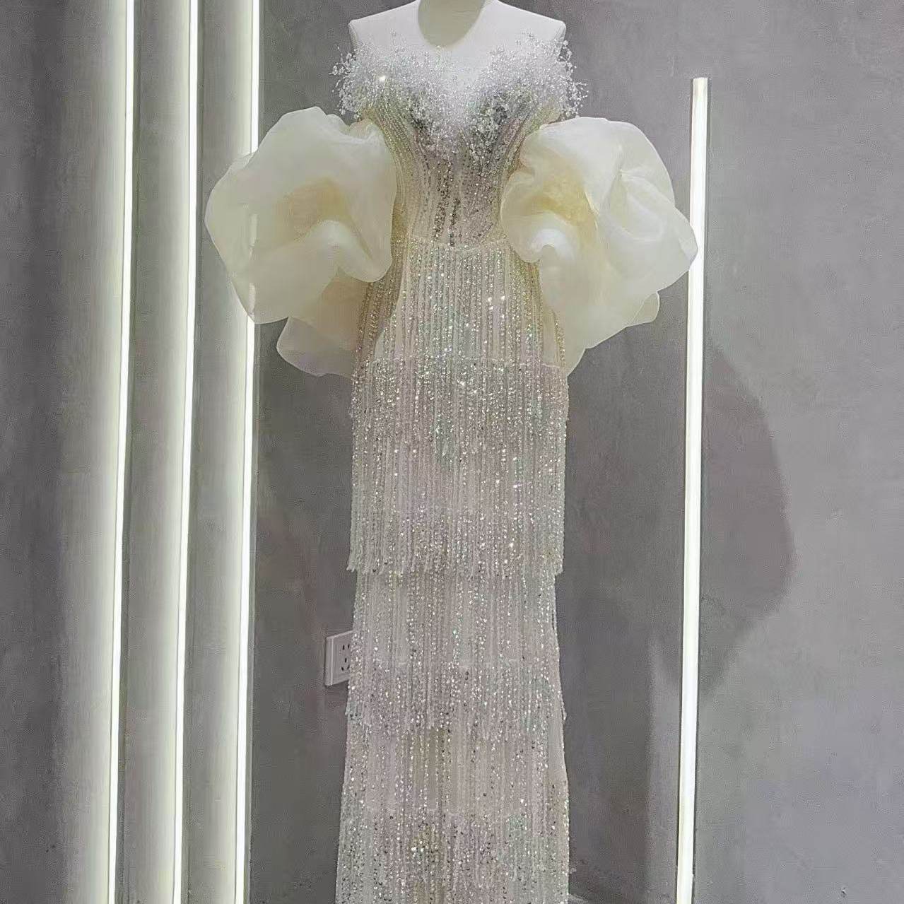 Luxury Sequin Beaded Evening Gown with Dramatic Organza Sleeves SL205