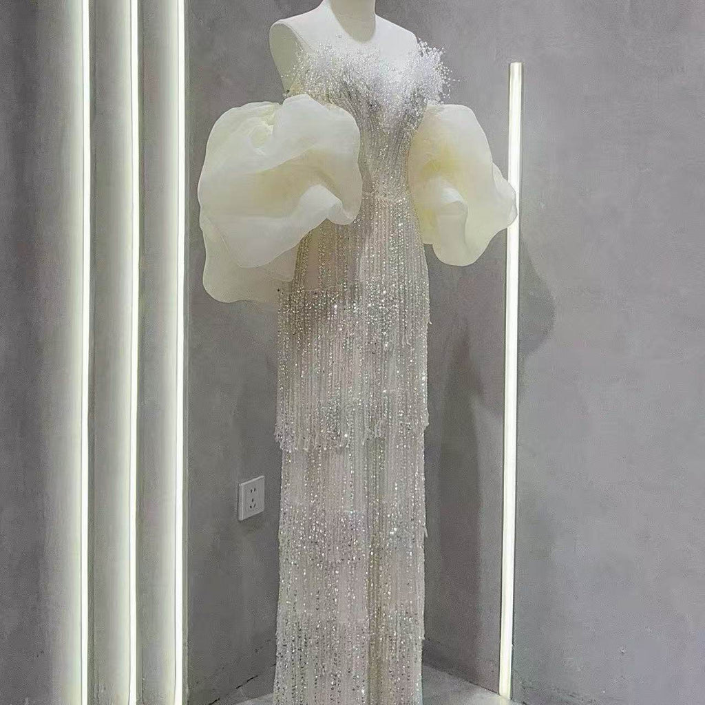 Luxury Sequin Beaded Evening Gown with Dramatic Organza Sleeves SL205