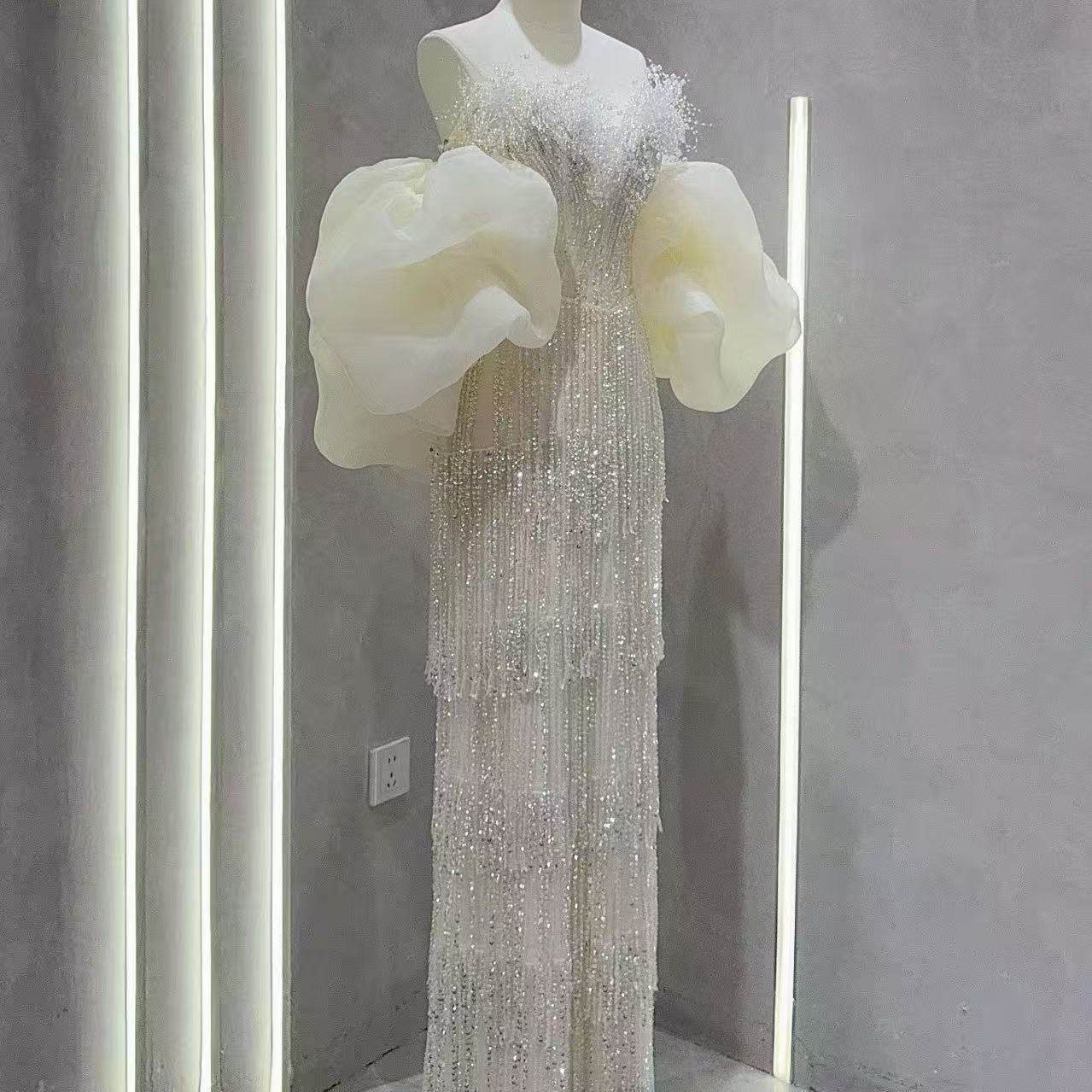 Luxury Sequin Beaded Evening Gown with Dramatic Organza Sleeves SL205