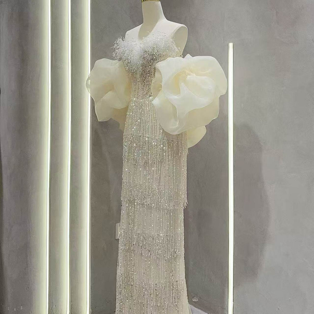 Luxury Sequin Beaded Evening Gown with Dramatic Organza Sleeves SL205