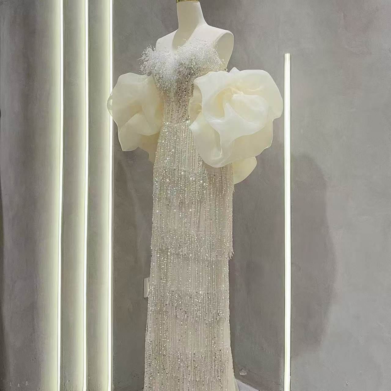 Luxury Sequin Beaded Evening Gown with Dramatic Organza Sleeves SL205