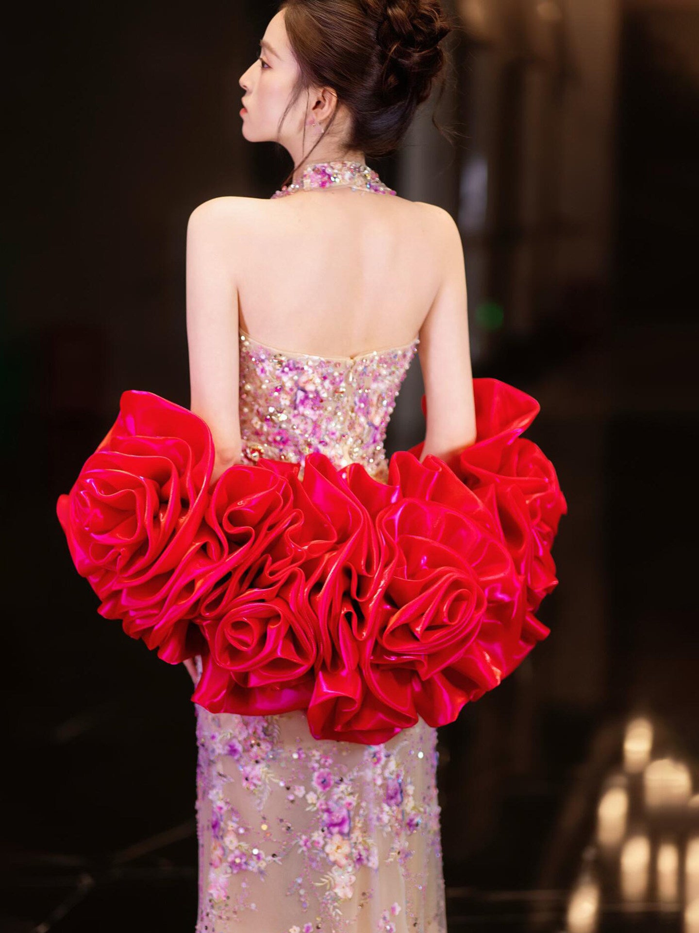 Luxury Purple Crystal Mermaid Evening Gown with Handmade Floral Appliqué SL201